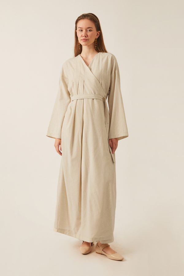 Yakası Pile Detaylı Keten Abaya Taş - 2