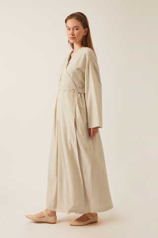 Yakası Pile Detaylı Keten Abaya Taş - 4