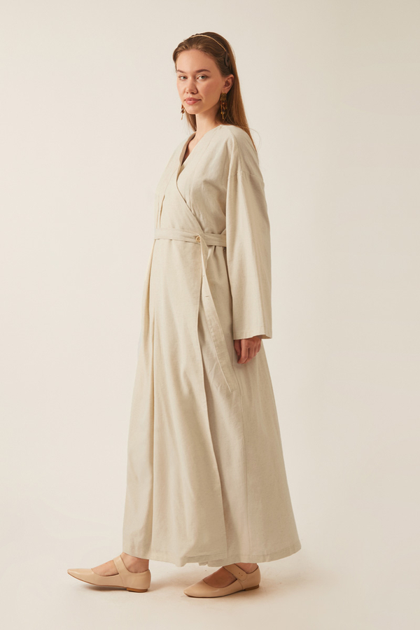 Yakası Pile Detaylı Keten Abaya Taş - 4