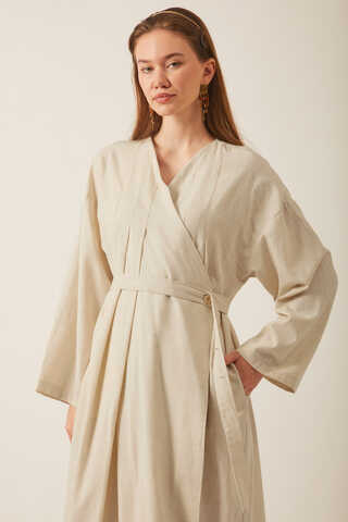 Yakası Pile Detaylı Keten Abaya Taş - 6