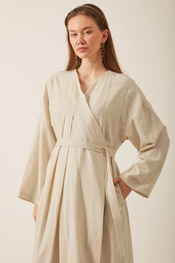 Yakası Pile Detaylı Keten Abaya Taş - 6