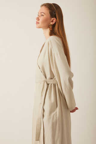 Yakası Pile Detaylı Keten Abaya Taş - 8