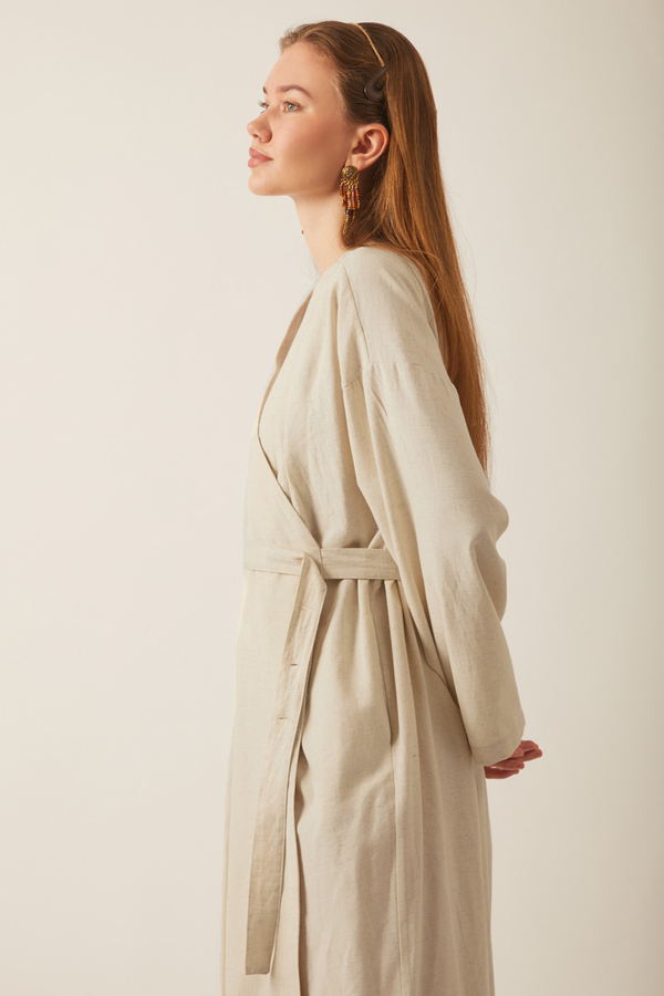 Yakası Pile Detaylı Keten Abaya Taş - 8