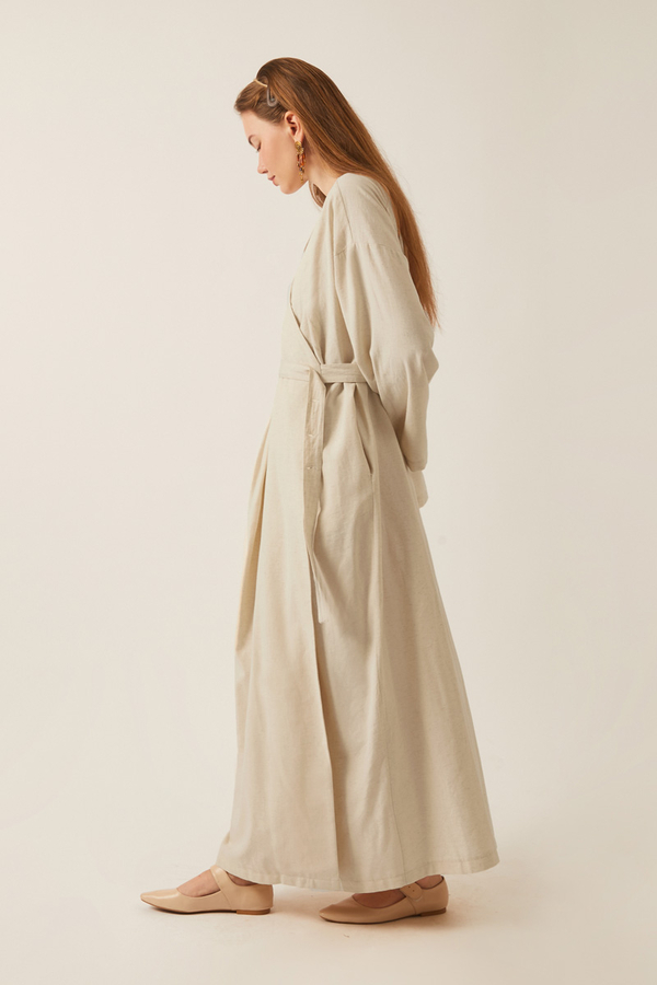 Yakası Pile Detaylı Keten Abaya Taş - 11