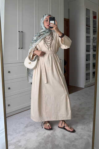 Yakası Pile Detaylı Keten Abaya Taş - 1