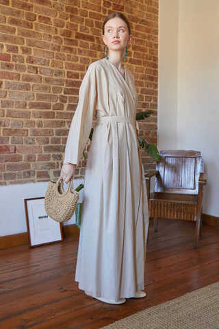 Yakası Pile Detaylı Keten Abaya Taş - 18
