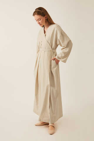 Yakası Pile Detaylı Keten Abaya Taş - 7