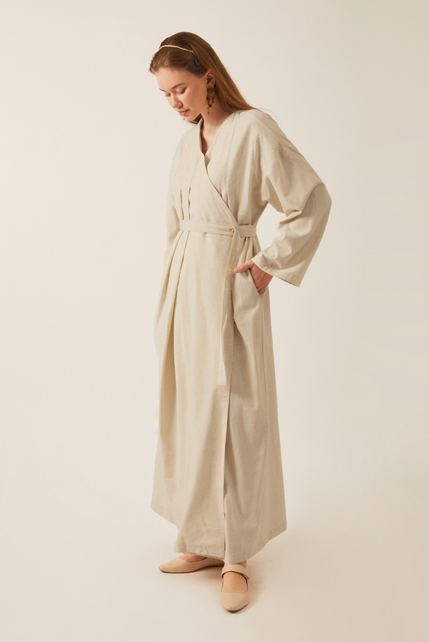 Yakası Pile Detaylı Keten Abaya Taş - 7