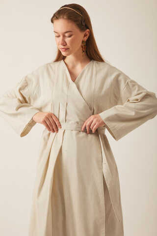 Yakası Pile Detaylı Keten Abaya Taş - 9