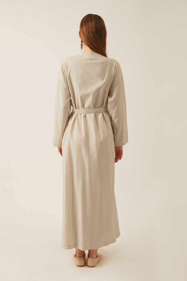 Yakası Pile Detaylı Keten Abaya Taş - 10