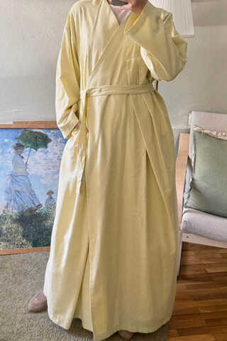 Yakası Pile Detaylı Keten Abaya Tereyağı Sarısı - 16