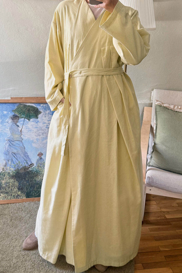 Yakası Pile Detaylı Keten Abaya Tereyağı Sarısı - 16