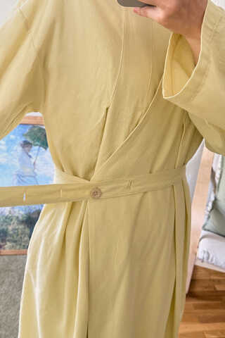 Yakası Pile Detaylı Keten Abaya Tereyağı Sarısı - 15