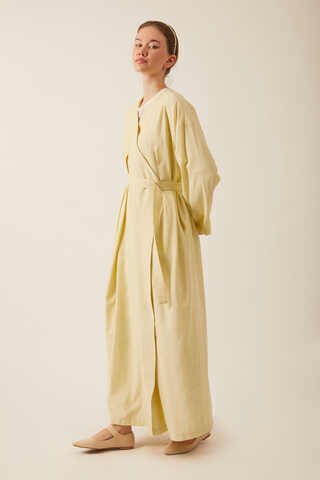 Yakası Pile Detaylı Keten Abaya Tereyağı Sarısı - 8