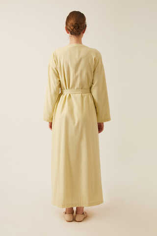 Yakası Pile Detaylı Keten Abaya Tereyağı Sarısı - 11