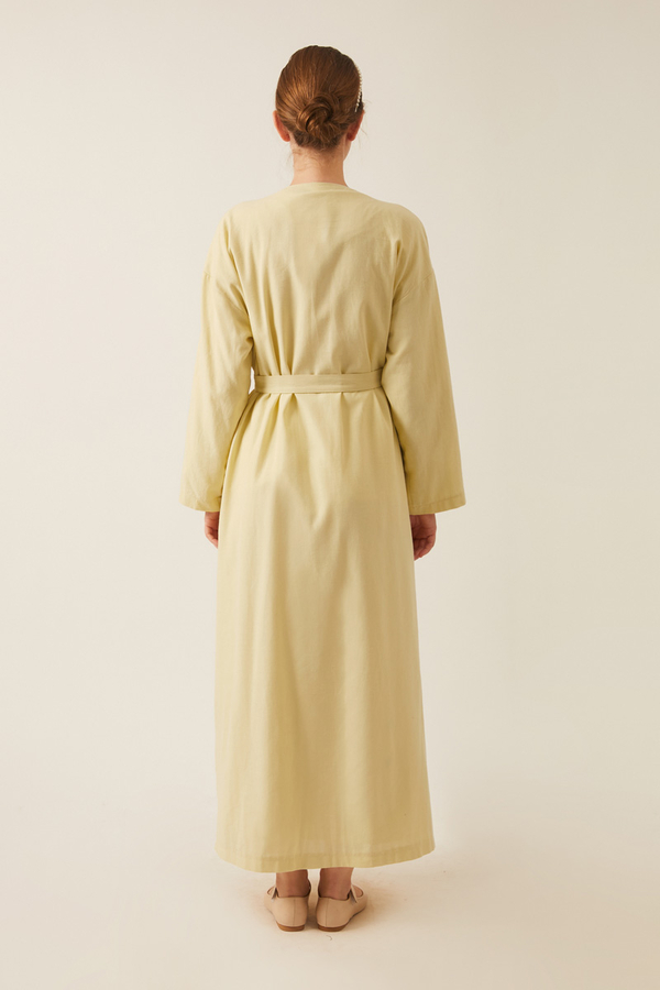 Yakası Pile Detaylı Keten Abaya Tereyağı Sarısı - 11