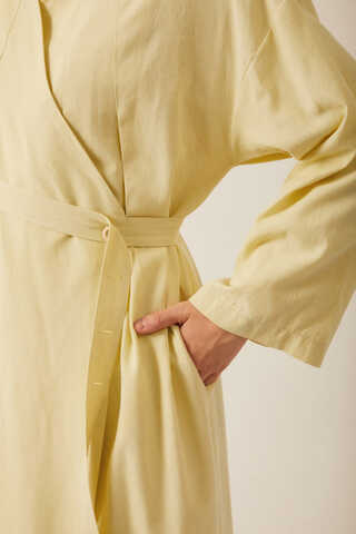 Yakası Pile Detaylı Keten Abaya Tereyağı Sarısı - 3