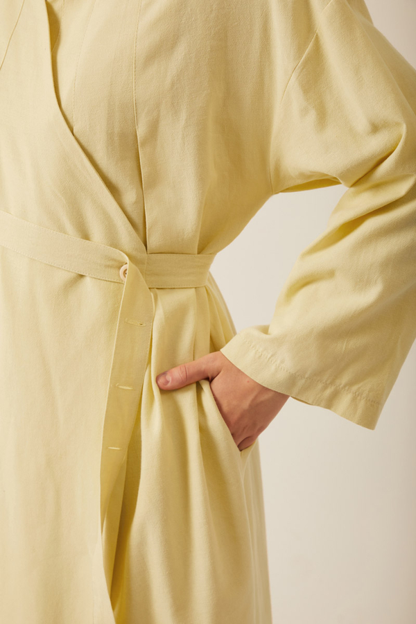 Yakası Pile Detaylı Keten Abaya Tereyağı Sarısı - 3