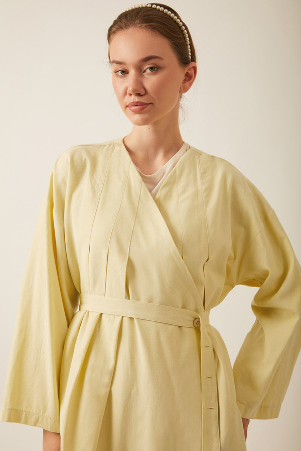 Yakası Pile Detaylı Keten Abaya Tereyağı Sarısı - 9