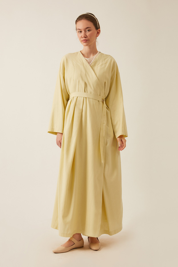 Yakası Pile Detaylı Keten Abaya Tereyağı Sarısı - 10