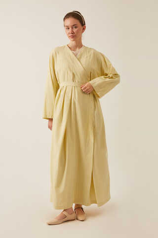 Yakası Pile Detaylı Keten Abaya Tereyağı Sarısı - 5