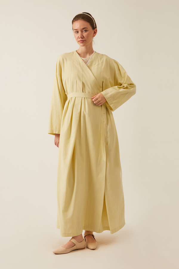 Yakası Pile Detaylı Keten Abaya Tereyağı Sarısı - 5