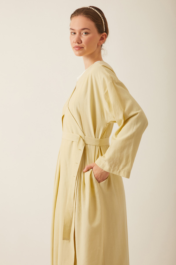 Yakası Pile Detaylı Keten Abaya Tereyağı Sarısı - 4