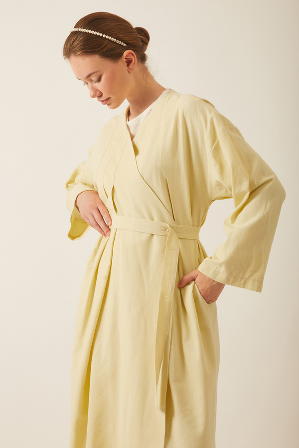 Yakası Pile Detaylı Keten Abaya Tereyağı Sarısı - 2