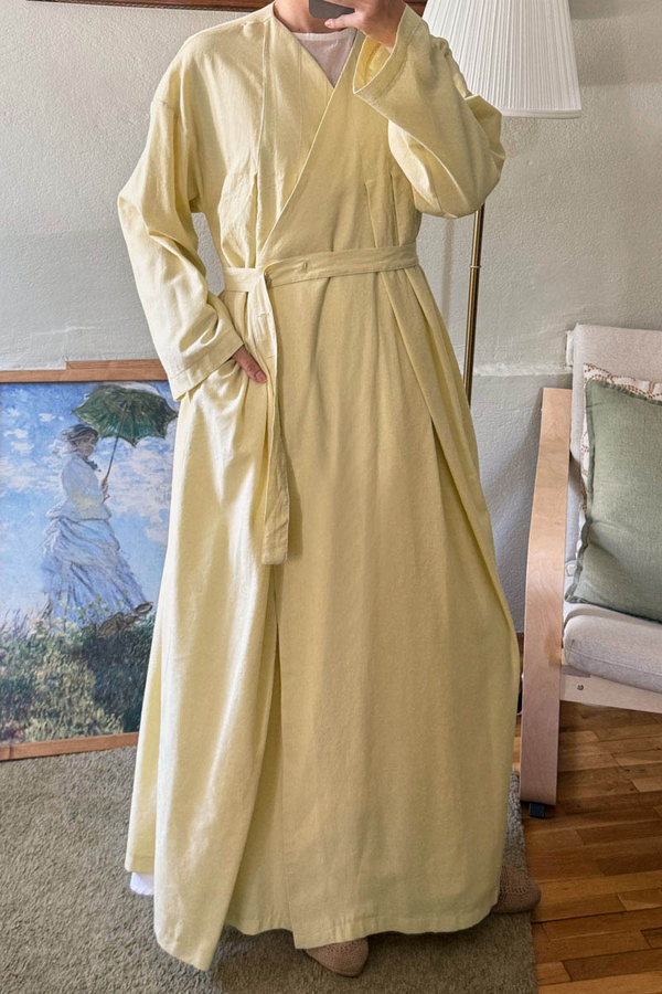 Yakası Pile Detaylı Keten Abaya Tereyağı Sarısı - 12