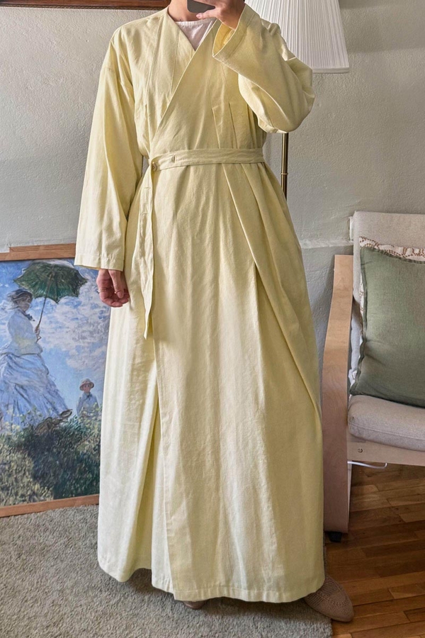 Yakası Pile Detaylı Keten Abaya Tereyağı Sarısı - 14