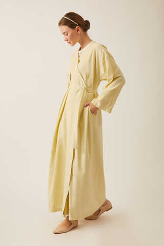 Yakası Pile Detaylı Keten Abaya Tereyağı Sarısı - 6