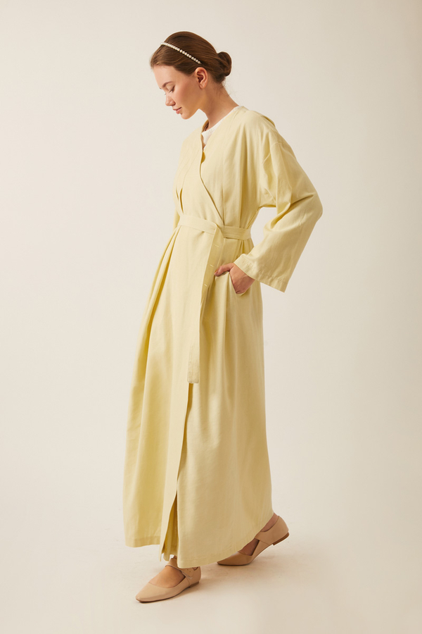 Yakası Pile Detaylı Keten Abaya Tereyağı Sarısı - 6