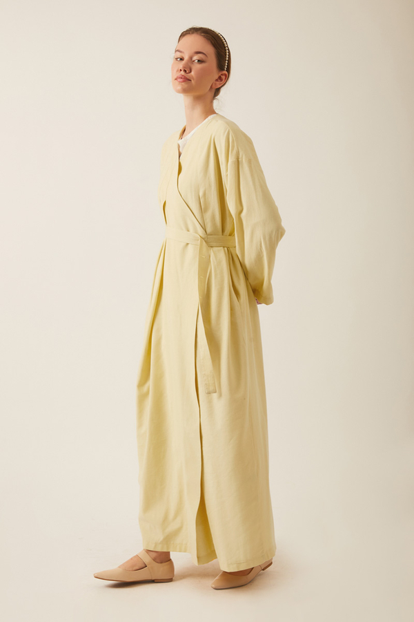 Yakası Pile Detaylı Keten Abaya Tereyağı Sarısı - 8