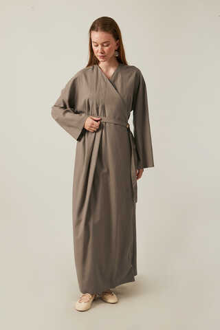 Yakası Pile Detaylı Keten Abaya Toprak - 3