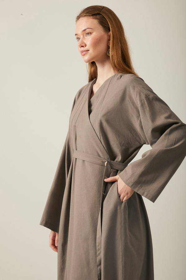 Yakası Pile Detaylı Keten Abaya Toprak - 7