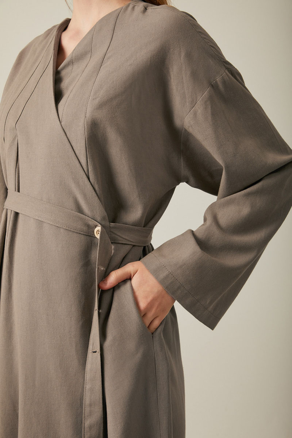Yakası Pile Detaylı Keten Abaya Toprak - 5