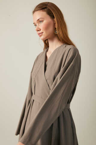 Yakası Pile Detaylı Keten Abaya Toprak - 8