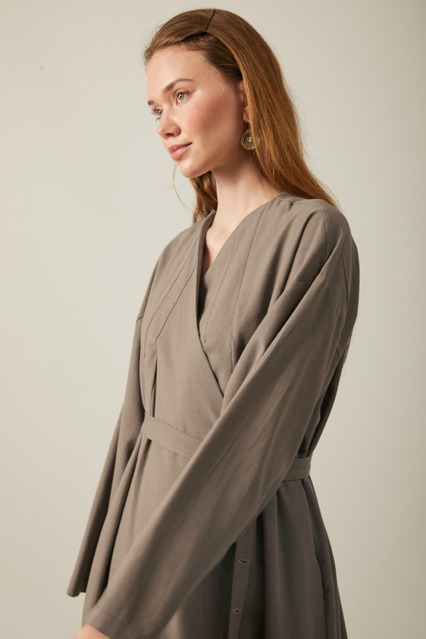 Yakası Pile Detaylı Keten Abaya Toprak - 8