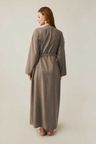 Yakası Pile Detaylı Keten Abaya Toprak - 10