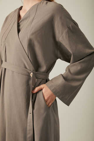Yakası Pile Detaylı Keten Abaya Toprak - 5
