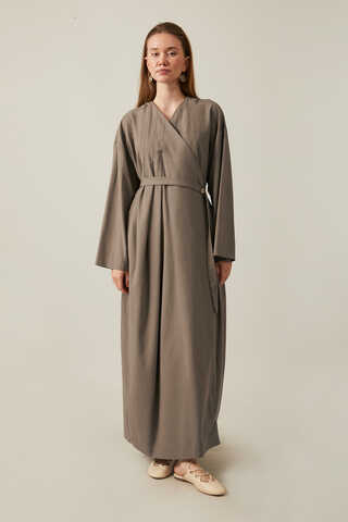 Yakası Pile Detaylı Keten Abaya Toprak - 1