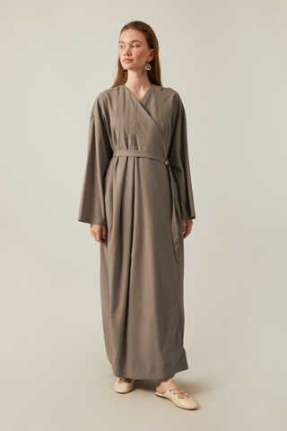 Yakası Pile Detaylı Keten Abaya Toprak - 9