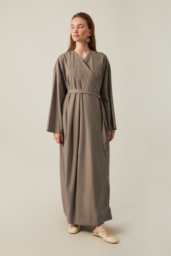 Yakası Pile Detaylı Keten Abaya Toprak - 9
