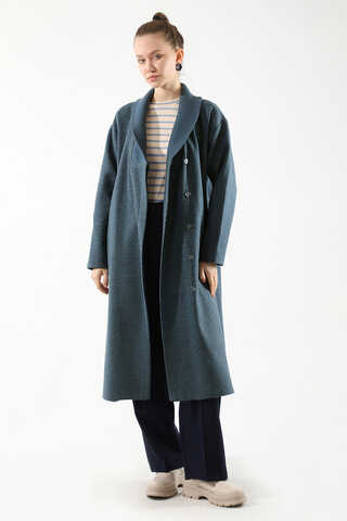 Yakası Ribanalı Kaşe Kaban İndigo - 1