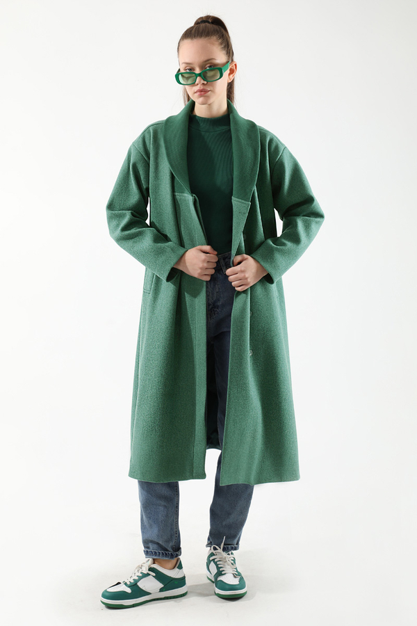 Yakası Ribanalı Kaşe Kaban Mint - 1