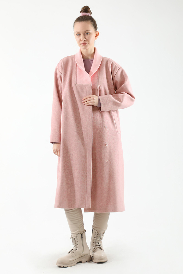 Yakası Ribanalı Kaşe Kaban Pembe - 1