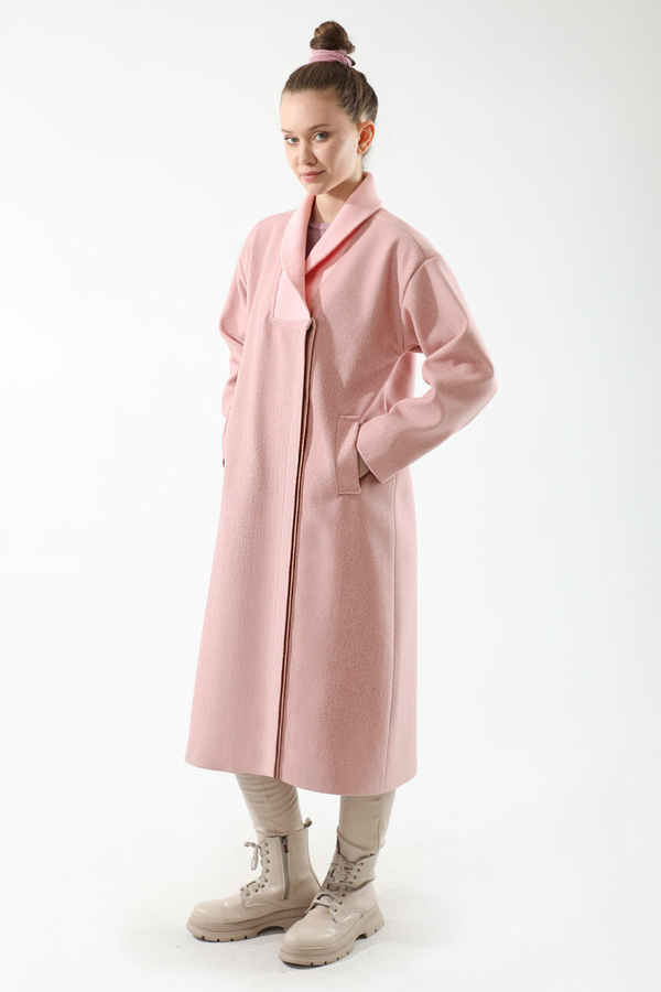 Yakası Ribanalı Kaşe Kaban Pembe - 5
