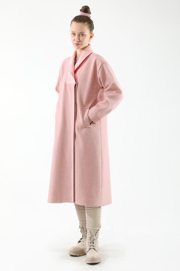 Yakası Ribanalı Kaşe Kaban Pembe - 3
