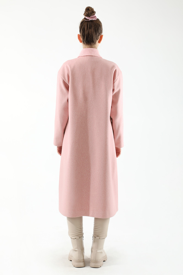 Yakası Ribanalı Kaşe Kaban Pembe - 6