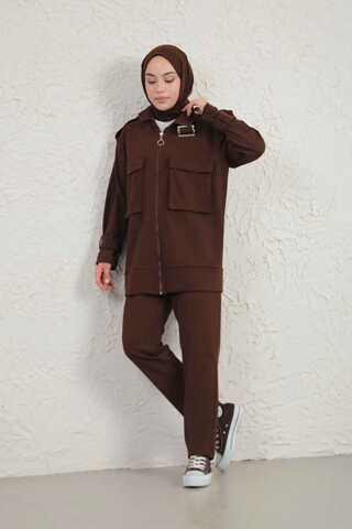 Yakası Tokalı İkili Takım Kahverengi - 1